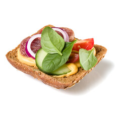 Canape with salami. Open faced sandwich crostini isolated on white background closeup. Appetizer tartarine.