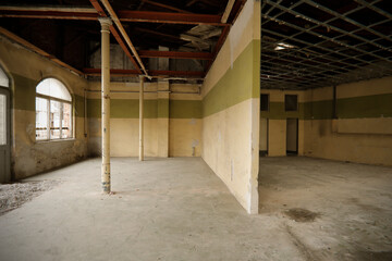 Old demolition building with geometric shape, 
abstract hall with roof, no people