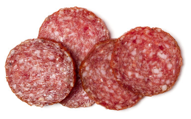 Slices of salami isolated on white background closeup. Sausage top view.