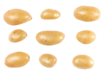 Potatoes set isolated on white background. Top view. Flat lay pattern. Potatoes in air, without shadow.
