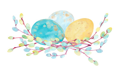 Fototapeta na wymiar Watercolor clipart with Easter colorful eggs and blossoming pussy willow branches
