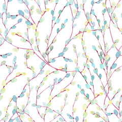 Watercolor seamless pattern with Easter blooming willow branches.