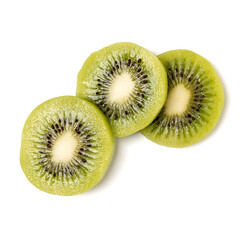 Three peeled kiwi fruit slices isolated on white background closeup. Kiwifruit slices without peel,  flatlay. Flat lay, top view.
