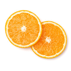 Orange fruit slice  isolated on white background closeup. Food background. Flat lay, top view.