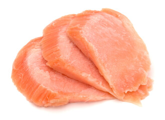 smoked salmon segments isolated on white background cutout. Prepared fish fillet fibres.