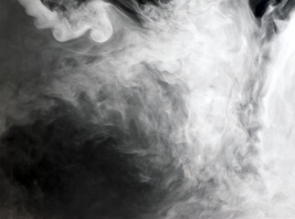 Abstract background of chaotically mixing clouds of white smoke against a background of darkness
