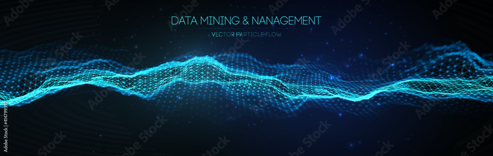 Poster data mining and management. flow banner data transfer science illustration. digital information netw