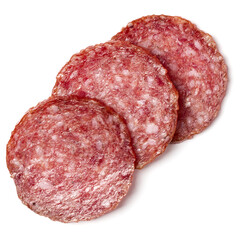 Slices of salami isolated on white background closeup. Sausage top view.