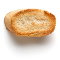 Toasted baguette slice isolated on white background close up.  Toast, crouton.   Top view.