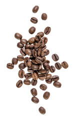 Coffee beans isolated on white background. Top view. Flat lay. Coffee beans flow in air, without shadow.
