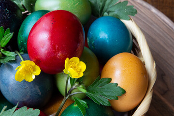 Obraz na płótnie Canvas Easter eggs and Easter bun with flowers - wood background