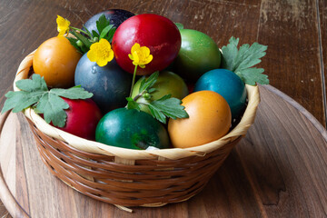 Easter eggs and Easter bun with flowers - wood background