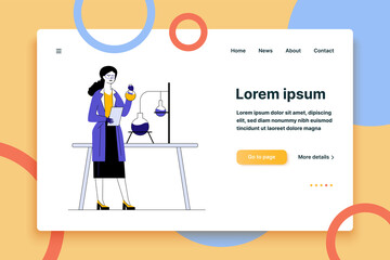 Scientist studying chemical reaction. Woman holding flask, lab worker, chemist flat vector illustration. Chemistry, science, experiment concept for banner, website design or landing web page