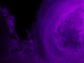 Abstract background of chaotically mixing puffs of purple smoke on a dark background