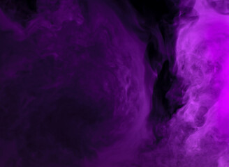 Abstract background of chaotically mixing puffs of purple smoke on a dark background