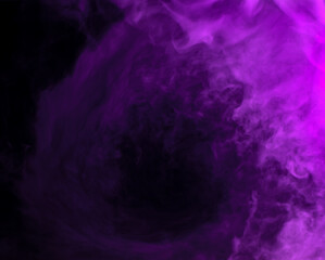 Abstract background of chaotically mixing puffs of purple smoke on a dark background