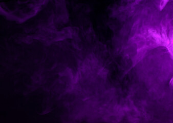 Abstract background of chaotically mixing puffs of purple smoke on a dark background