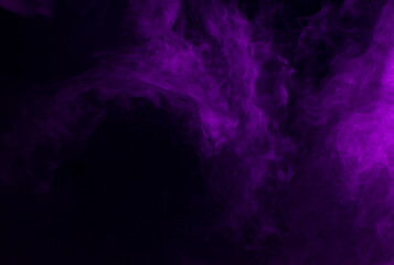 Abstract background of chaotically mixing puffs of purple smoke on a dark background