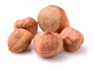 Hazelnuts on a white background