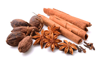 Various seasonings on white background 