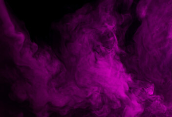 Abstract background of chaotically mixing puffs of purple smoke on a dark background