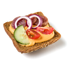 Canape with salami. Open faced sandwich crostini isolated on white background closeup. Appetizer tartarine.