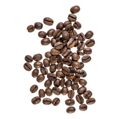 Coffee beans isolated on white background. Top view. Flat lay. Coffee beans flow in air, without shadow.