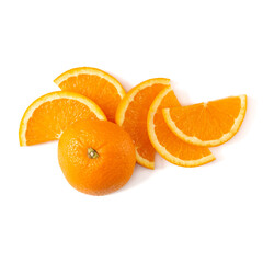 Orange fruit slice layout isolated on white background closeup. Food background. Flat lay, top view.