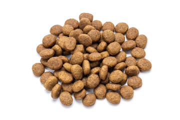 domestic animals dry food isolated on white background. dry cat feed cut out. above view