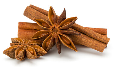 Cinnamon sticks and anise star isolated on white background close up