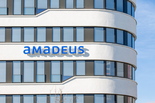 Administration building with of the company amadeus blue lettering logo in bad homburg, Germany taken on 13.02.2021