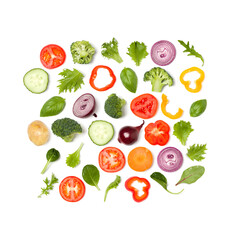 Creative layout made of tomato slice, onion, cucumber, basil leaves. Flat lay, top view. Food concept. Vegetables isolated on white background. Food ingredient pattern.