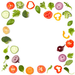 Creative layout made of tomato slice, onion, cucumber, basil leaves. Flat lay, top view. Food concept. Vegetables isolated on white background. Food ingredient pattern with copy space.