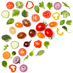 Creative layout made of tomato slice, onion, cucumber, basil leaves. Flat lay, top view. Food concept. Vegetables isolated on white background. Food ingredient pattern.