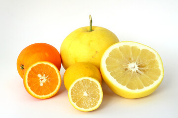 Image of orange, grapefruit and lemon on white background