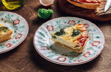 Traditional vegetable quiche with broccoli, eggs and cheese