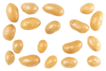 Potatoes isolated on white background. Top view. Flat lay pattern. Potatoes in air, without shadow.