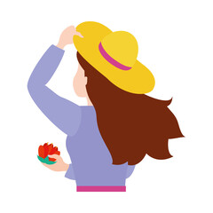cute woman of back with a hat holding a flower, colorful design