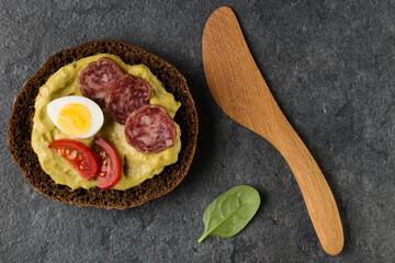 open Sandwich with sausage. Top view, flat lay.