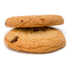 Two Chocolate chip cookies isolated on white background. Sweet biscuits. Homemade pastry.