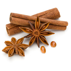 Cinnamon sticks and anise star isolated on white background close up