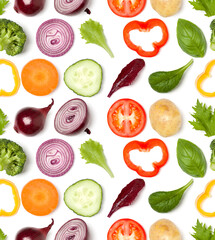 Creative layout made of tomato slice, onion, cucumber, basil leaves. Flat lay, top view. Food concept. Vegetables isolated on white background. Food ingredient seamless pattern.