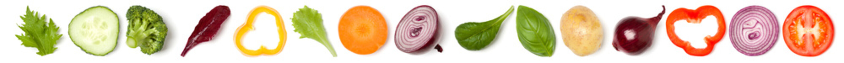 Creative layout made of tomato slice, onion, cucumber, basil leaves. Flat lay, top view. Food concept. Vegetables isolated on white background. Food ingredient pattern. Banner.