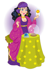 Smiling fortune teller with tarot standing with small table and crystal ball