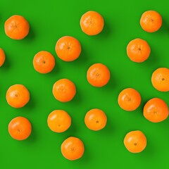 Fruit pattern of fresh orange tangerine or mandarin on green background. Flat lay, top view. Pop art design, creative summer concept. Citrus in minimal style.