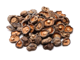 Dry Mushrooms isolated on white background. Selective focus
