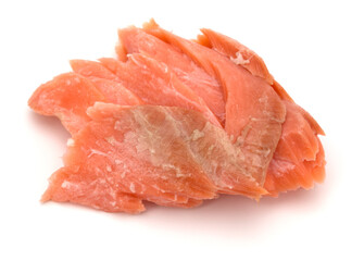 smoked salmon segments isolated on white background cutout. Prepared fish fillet fibres.