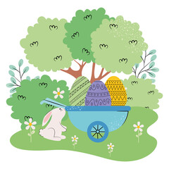 landscape with trees, cute rabbit and wheelbarrow with easter eggs, colorful design