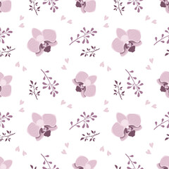 Fototapeta na wymiar Cute stylish seamless pattern with pink orchid flowers and twigs