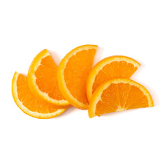 Orange fruit slice layout isolated on white background closeup. Food background. Flat lay, top view.